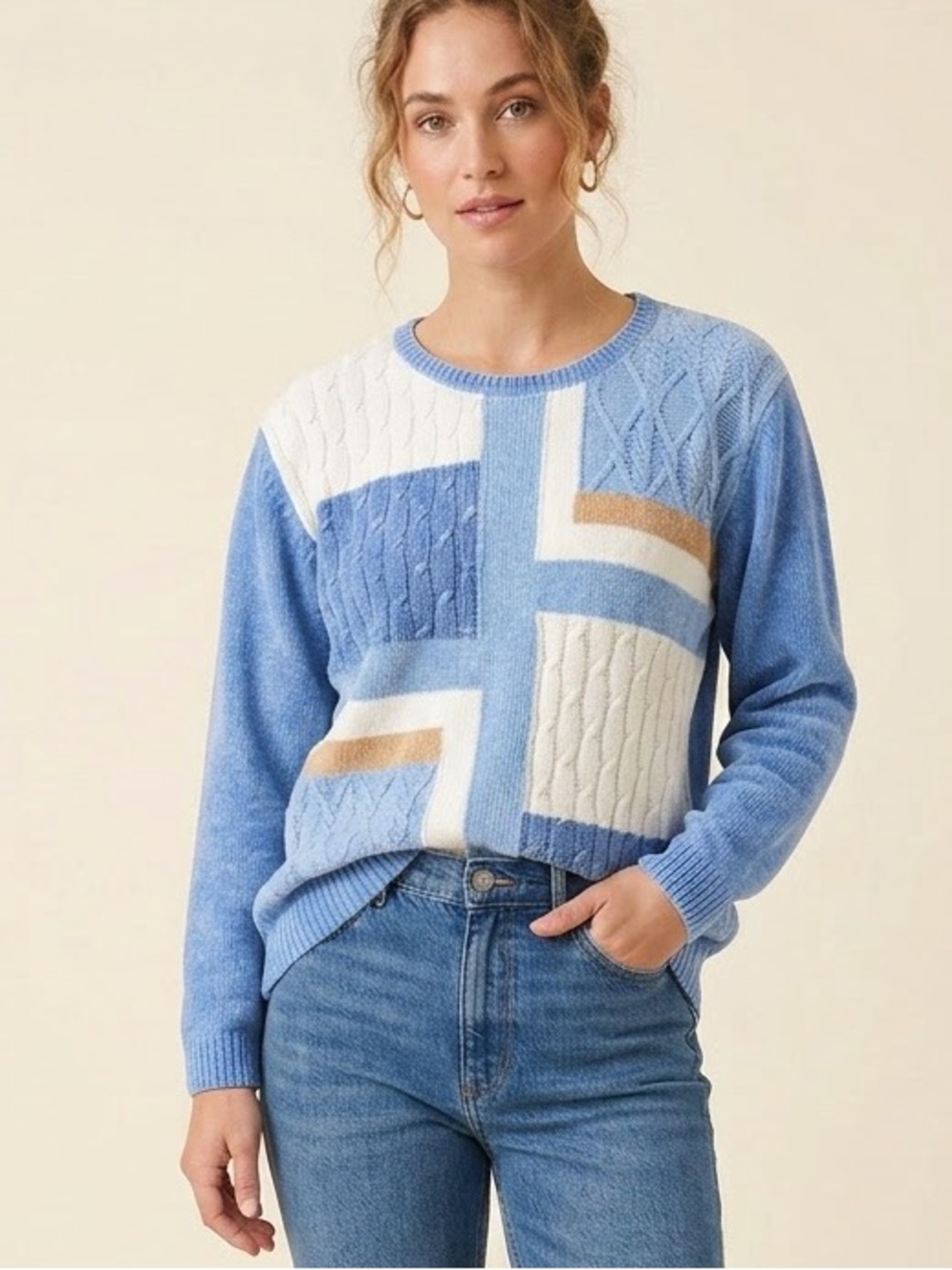 Vtg ALFRED DUNNER Chenille Patchwork Cable Knit Sweater Blue ColorBlock Women 2X